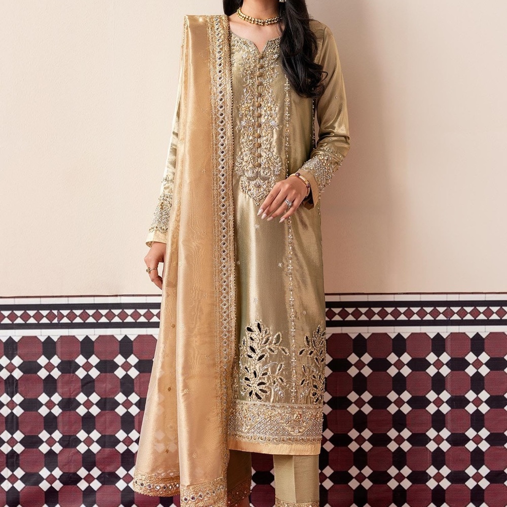 Mushq Designer Pakistani Salwar Kameez Dupatta LARGE Antique Gold Satin wedding
